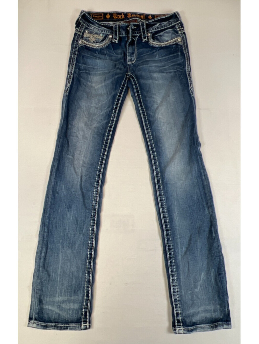 Rock Revival Women Size 28 Straight Shaylee Blue Cotton Blend Distressed Jeans